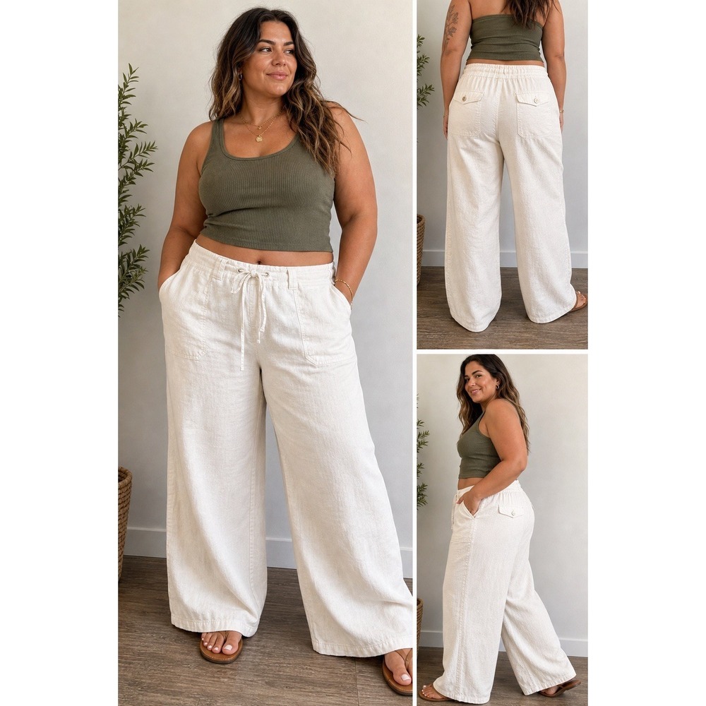 Linen Drawstring Pants Womens 14 Ivory Coastal Wide Leg Summer Lightweight